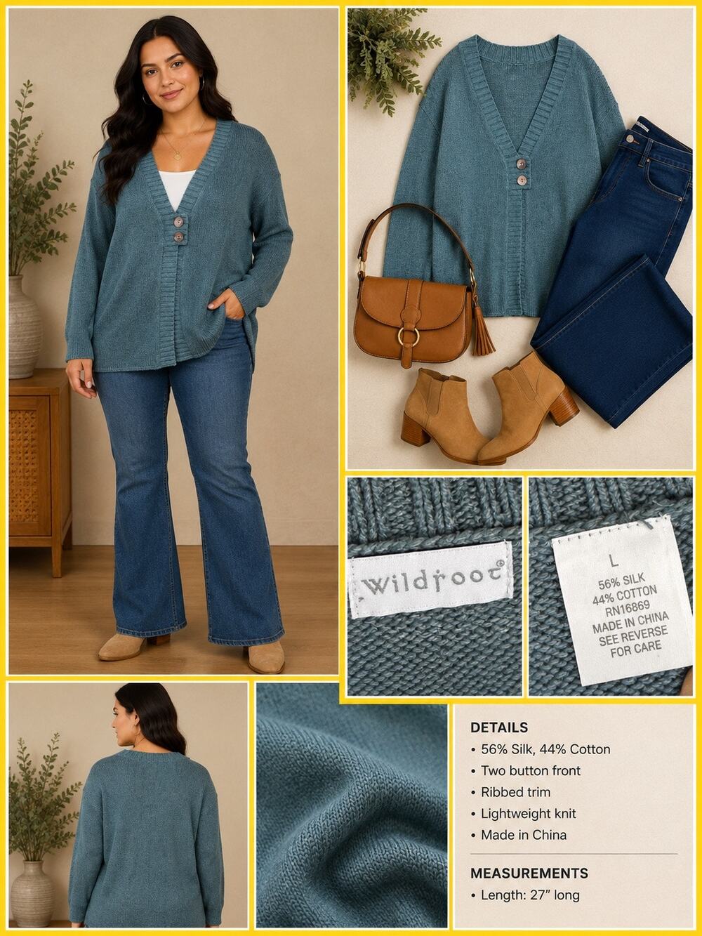 Wildroot Boho Silk Cotton Abalone Button Knit Sweater Glacier Blue Large New